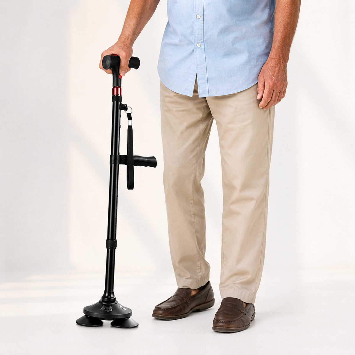 Foldable Aluminum Quad Cane With Pivoting Base Cushioned T-Handle And Integrated LED Light - Image 2