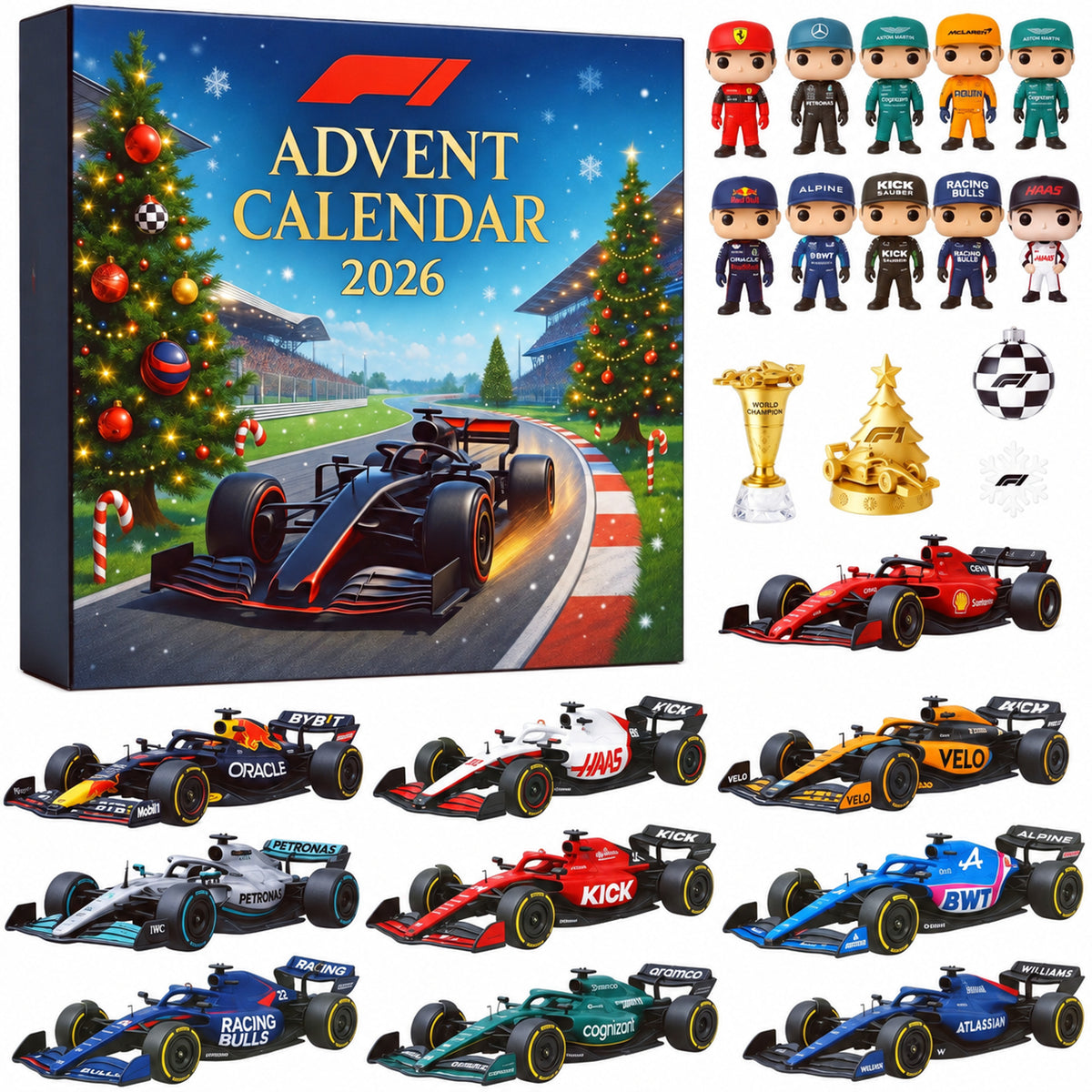 Formula 1 Racing Legends 2026 Christmas Advent Calendar With 24 Mini Cars And Collectible Accessories - Image 1