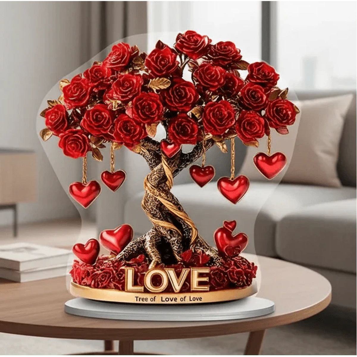 Heart Shaped Rose Tree Acrylic Decoration With Golden Base - Image 1