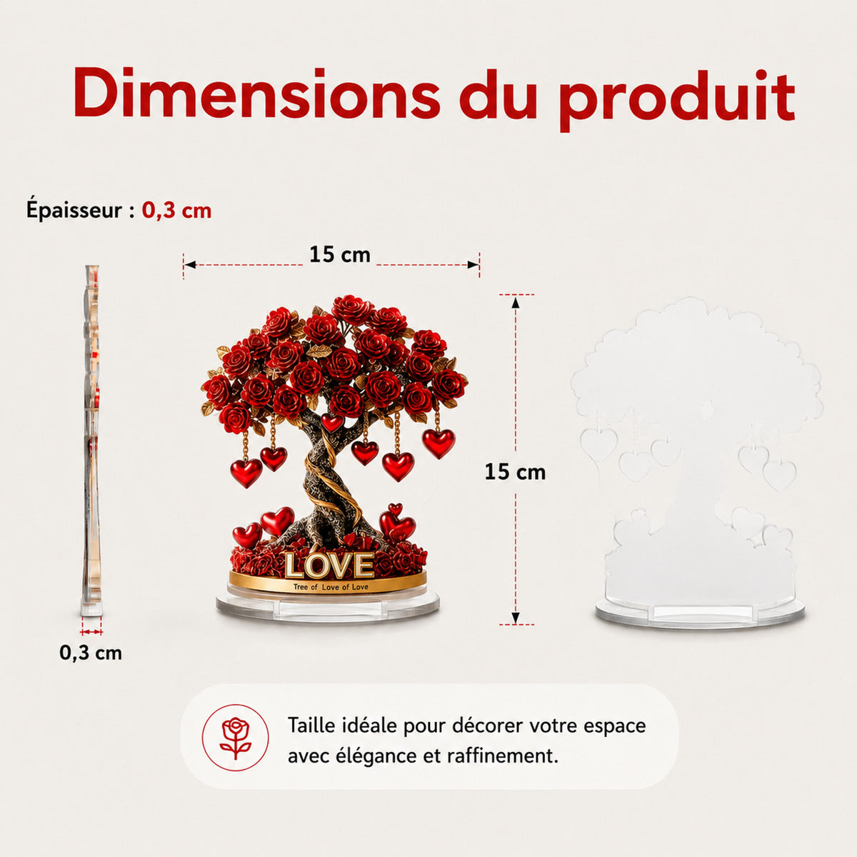 Heart Shaped Rose Tree Acrylic Decoration With Golden Base - Image 7