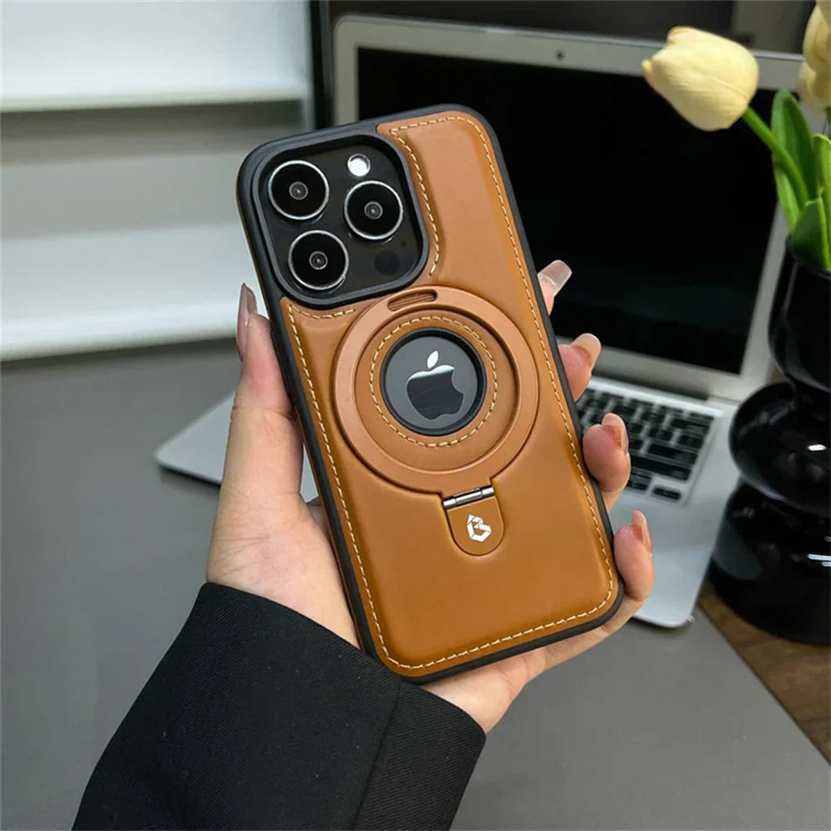 Leather Magsafe Case With Fold-Out Ring Stand - Image 1