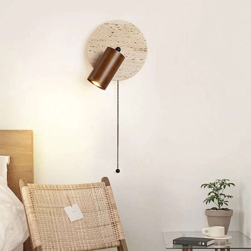 Travertine Wood Wall Sconce with Pull Chain