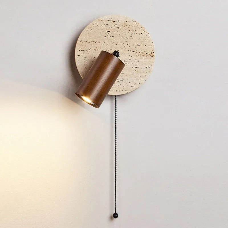 Travertine Wood Wall Sconce with Pull Chain