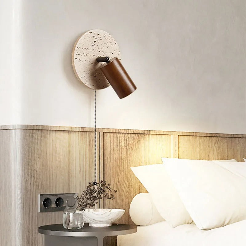 Travertine Wood Wall Sconce with Pull Chain