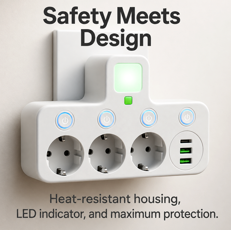 Power Strip With 3 Sockets Usb-C Overvoltage Protection & Child Safety - Image 6