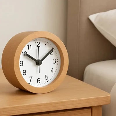 Round Wooden Alarm Clock With Silent Analog Movement And LED Night Light - Image 3
