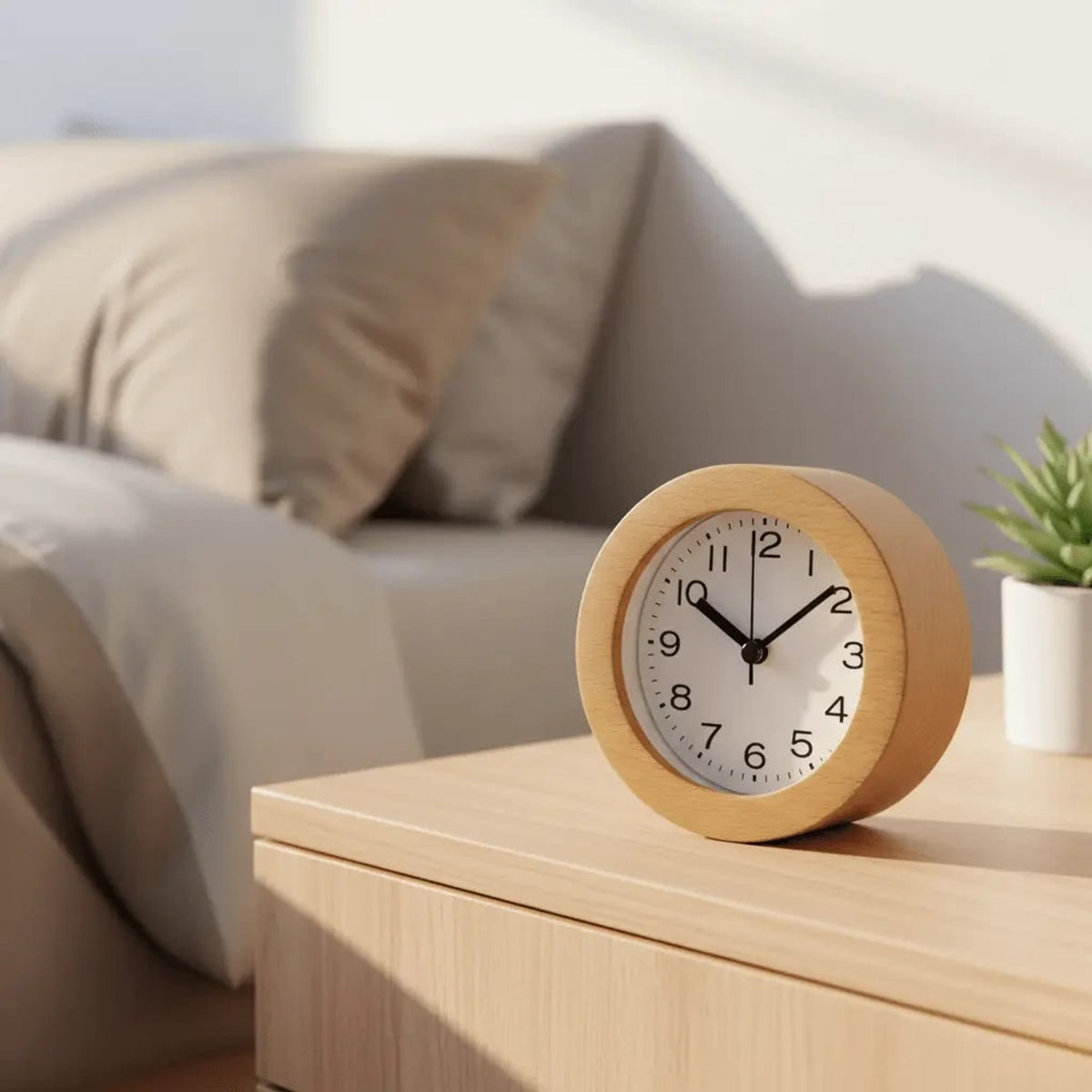 Round Wooden Alarm Clock With Silent Analog Movement And LED Night Light - Image 1