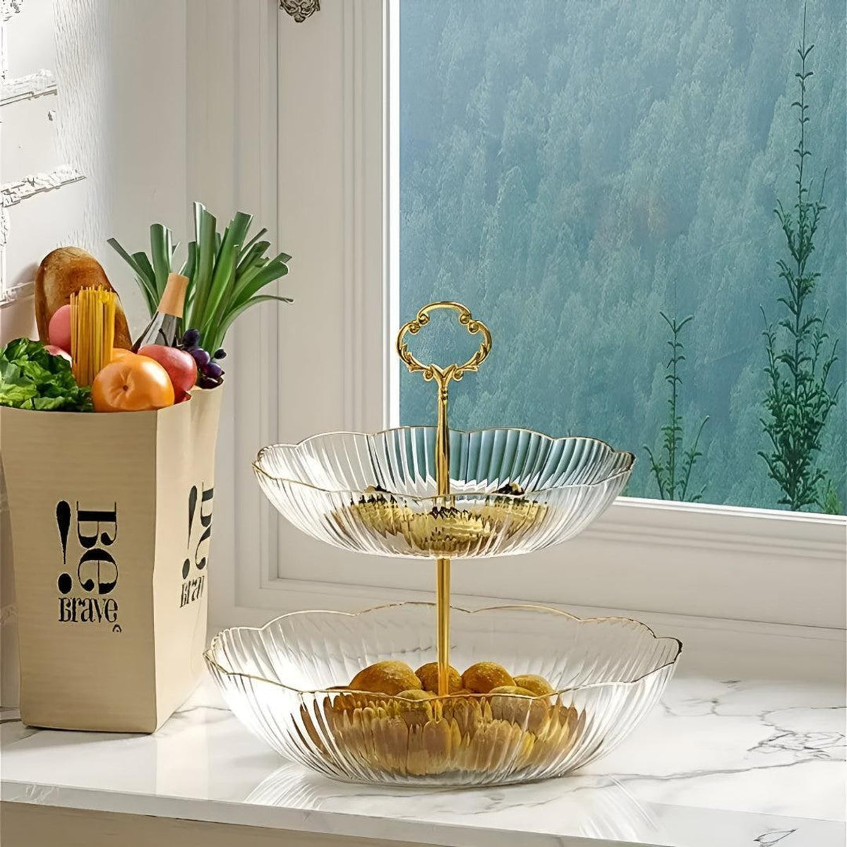 Tiered Fruit Bowl Organizer With Scalloped Petal Bowls And Gold Handle - Image 1