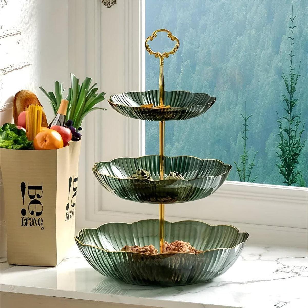 Tiered Fruit Bowl Organizer With Scalloped Petal Bowls And Gold Handle - Image 4